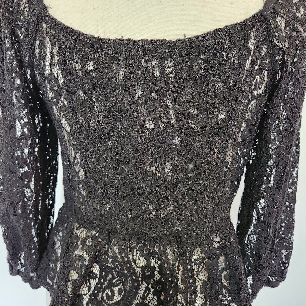 Haute Monde Shirt Top Black Lace Coquette Puff Sleeve Festival Whimsigoth Medium - Picture 8 of 13